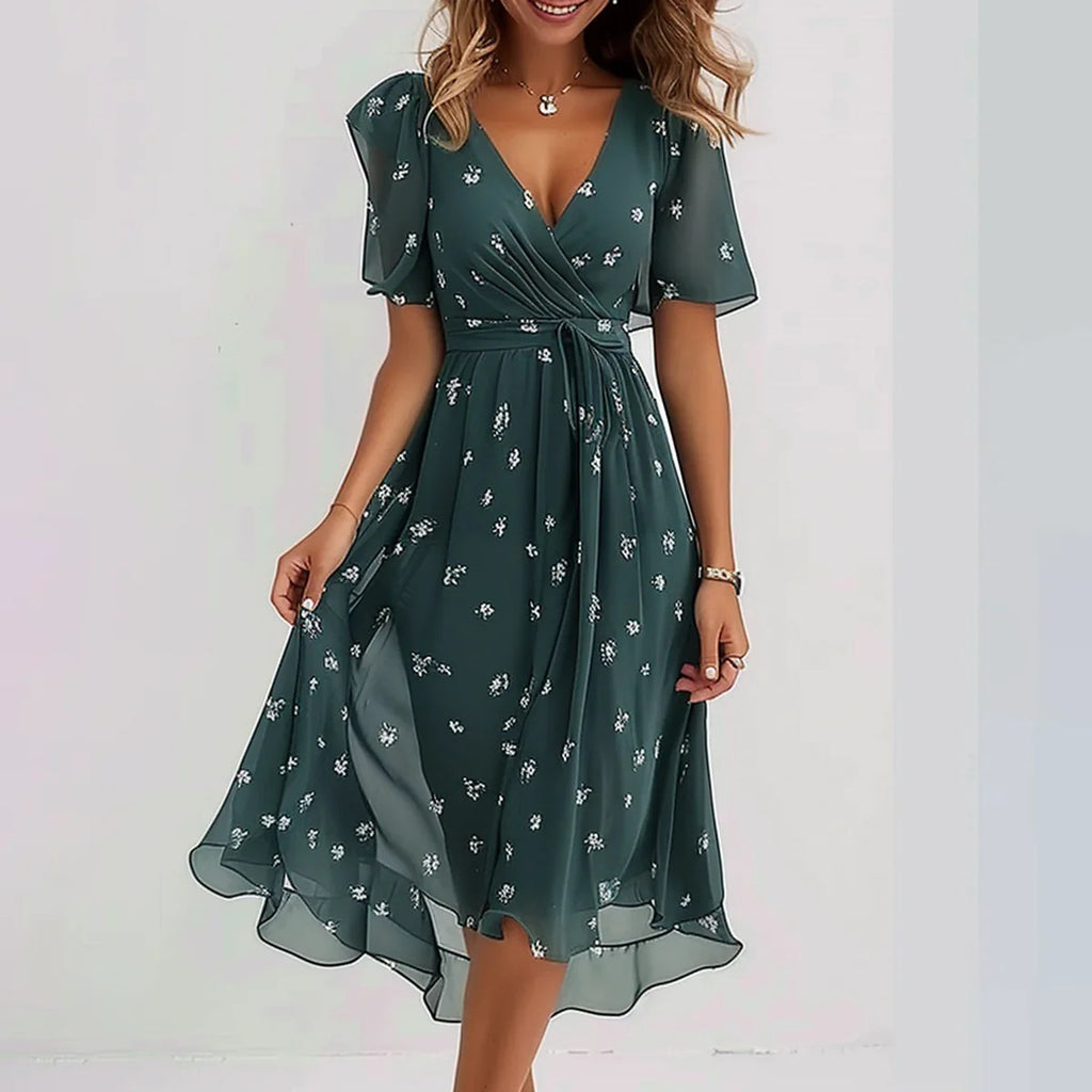 Chiffon Printed Short Sleeve Dress Summer Elegant V-neck Dress Women Clothing