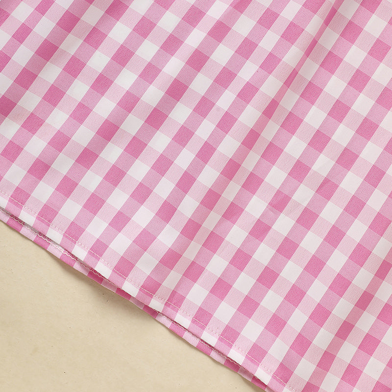 Infant Baby Girls' Valentine's Day Dress Pink Plaid With Heart Embroidery, Smocked Ruffle Sleeves