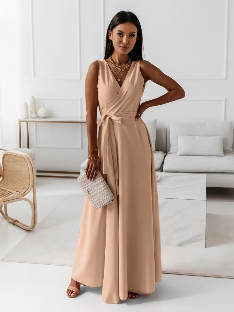 V-neck Sleeveless Dress With Belt Summer Fashion Party Club Evening Maxi Dress For Women Clothing