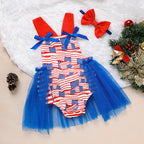 Baby's Independence Day Style Flag Pattern Triangle Bodysuit, Casual Sleeveless Bowknot Romper