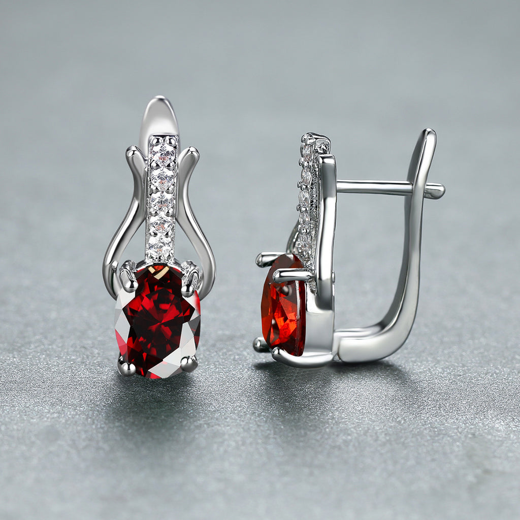 Oval Garnet Crystal Champagne Gold Ear Clips For Women