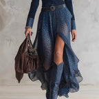 New Fall Winter Fashion Casual Polo-Neck Patchwork Long-Sleeve Dress