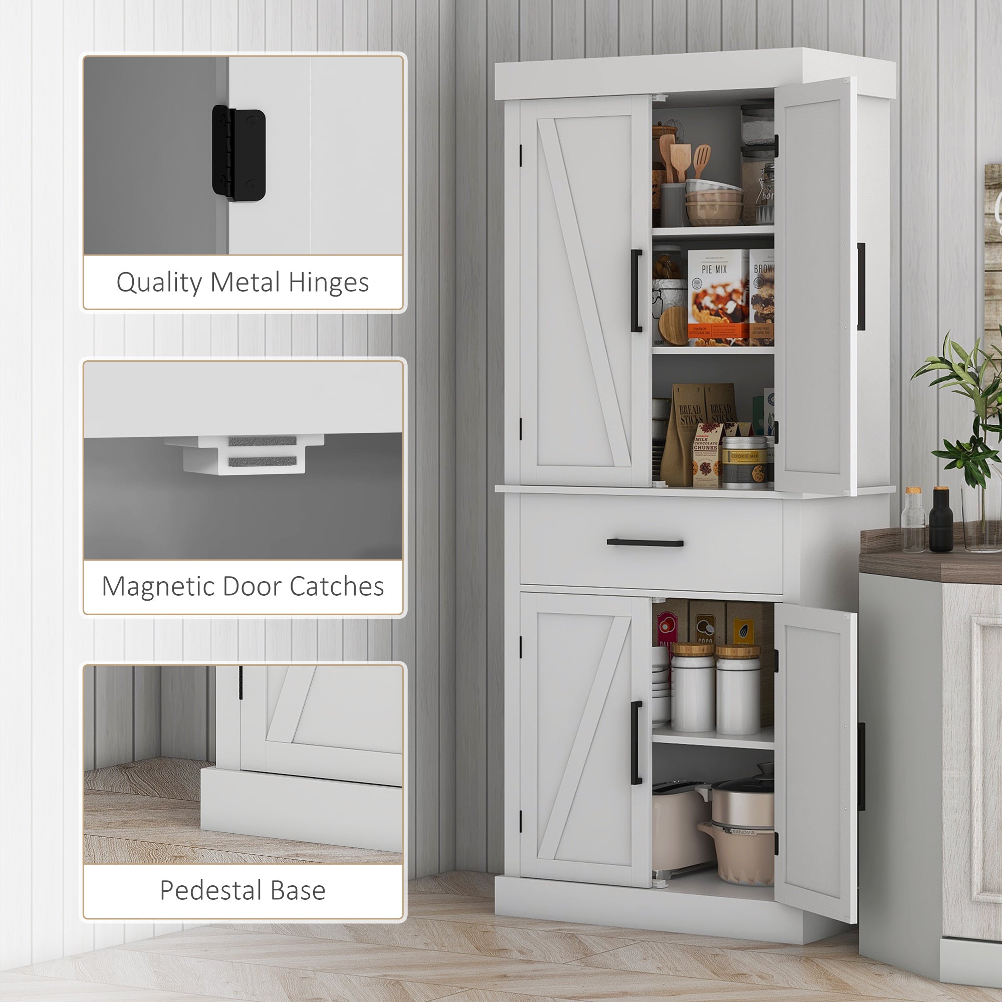 72" Tall Kitchen Cabinet, Kitchen Pantry Cabinet with Barn Doors, Drawer, 5-Tier Shelf and Adjustable Shelves, White