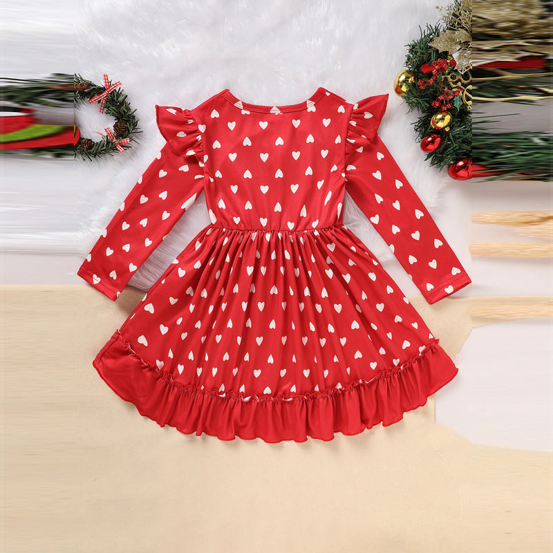 Toddler Girl's Cute 'LOVE' Embroidered Dress, Heart Print Long Sleeve A-Line Dress With Ruffle Hem