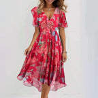Chiffon Printed Short Sleeve Dress Summer Elegant V-neck Dress Women Clothing