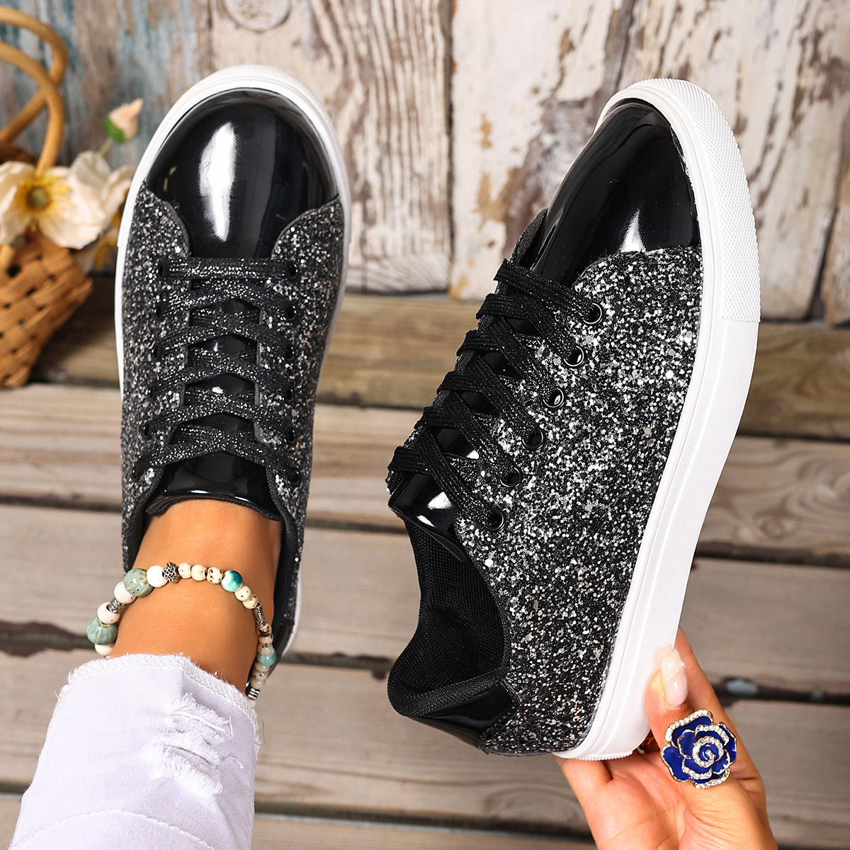 Plus Size Sequined Front Lace-up Solid Color Plus Size Board Shoes