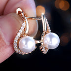 Champagne Gold Pearl-Inlaid Round White Diamond Earrings For Women