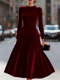 Womens Solid-Colored Casual Velvet Crew-Neck Long-Sleeve Dress
