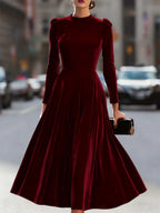 Womens Solid-Colored Casual Velvet Crew-Neck Long-Sleeve Dress