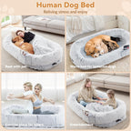 Human Dog Bed, 63''x31.4''x9.5'' Size Fits You And Pets, Washable Faux Fur Dog Bed For People Doze Off, Napping Orthopedic Dog Bed, Present Plump Pillow, Blanket, Strap - Grey