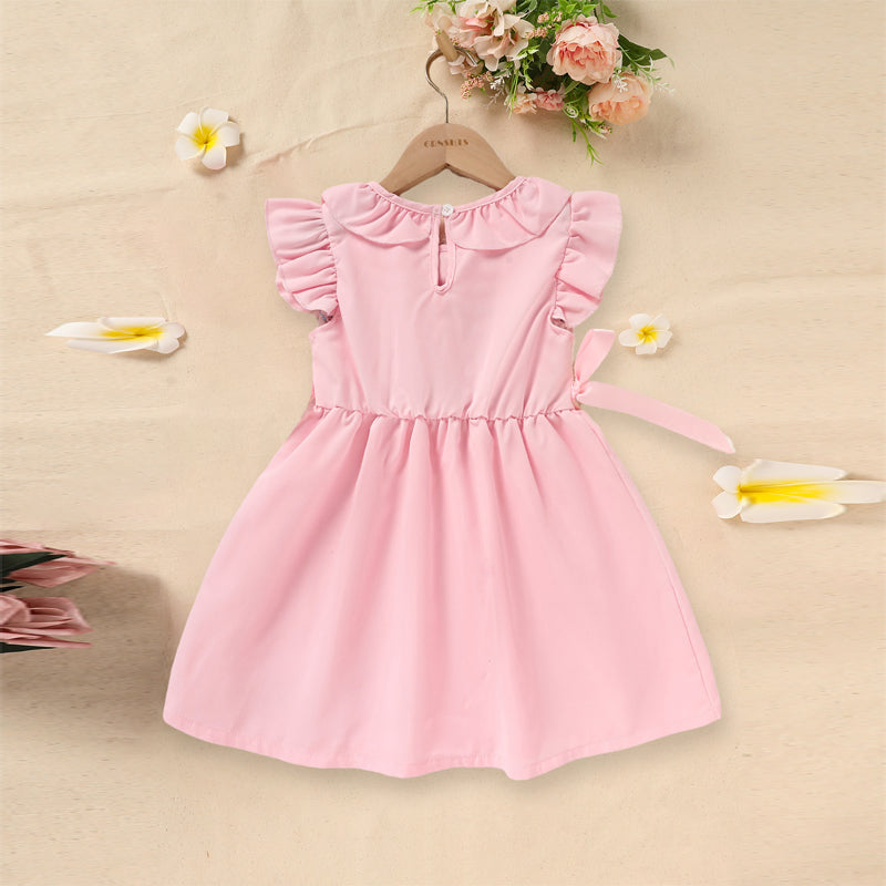 Toddler Girl's Pink Ruffle Sleeve Dress Letter Embroidery & Bow Detail With Back Button Closure