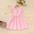 Toddler Girl's Pink Ruffle Sleeve Dress Letter Embroidery & Bow Detail With Back Button Closure