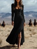 Retro Western Style Button Pleated Long Sleeve Sexy Dress
