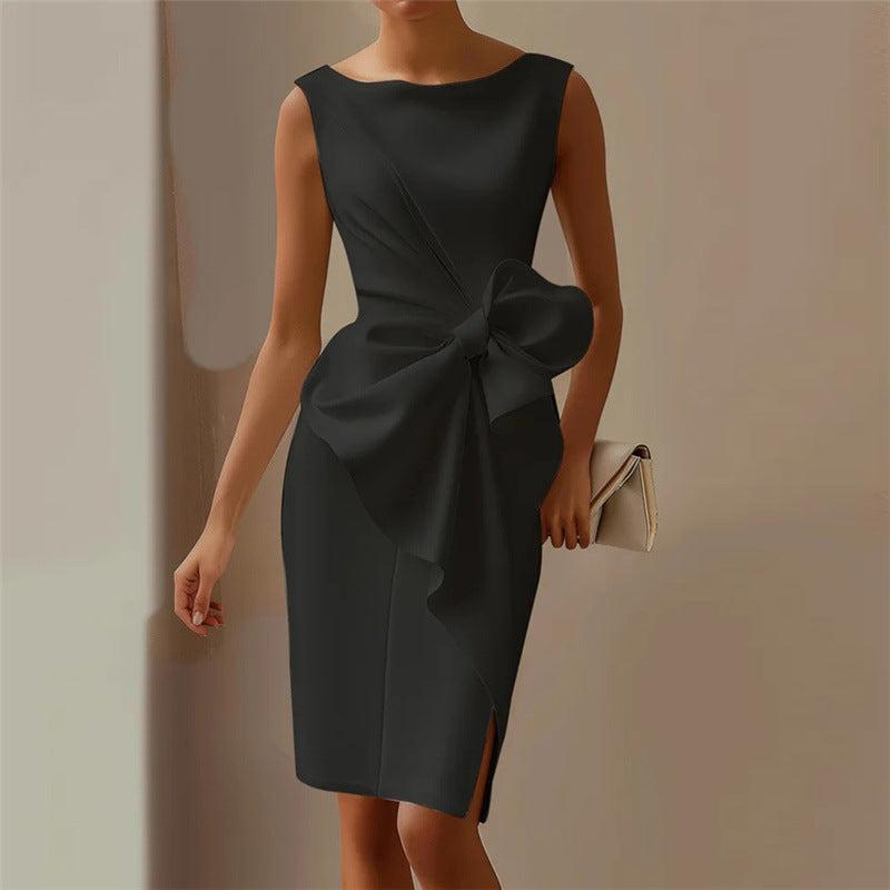 Fashion Bowknot Dress Solid Color Elegant Slim Sleeveless Dresses Women's Casual Office Party Clothing