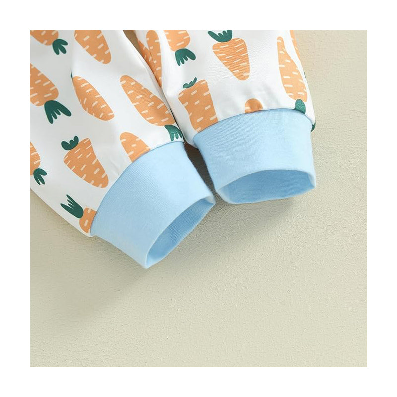 3pcs Set Baby Costume Set, Long Sleeved Letter Rabbit Print Jumpsuit, Carrot Print Suspender Pants, Hat Set