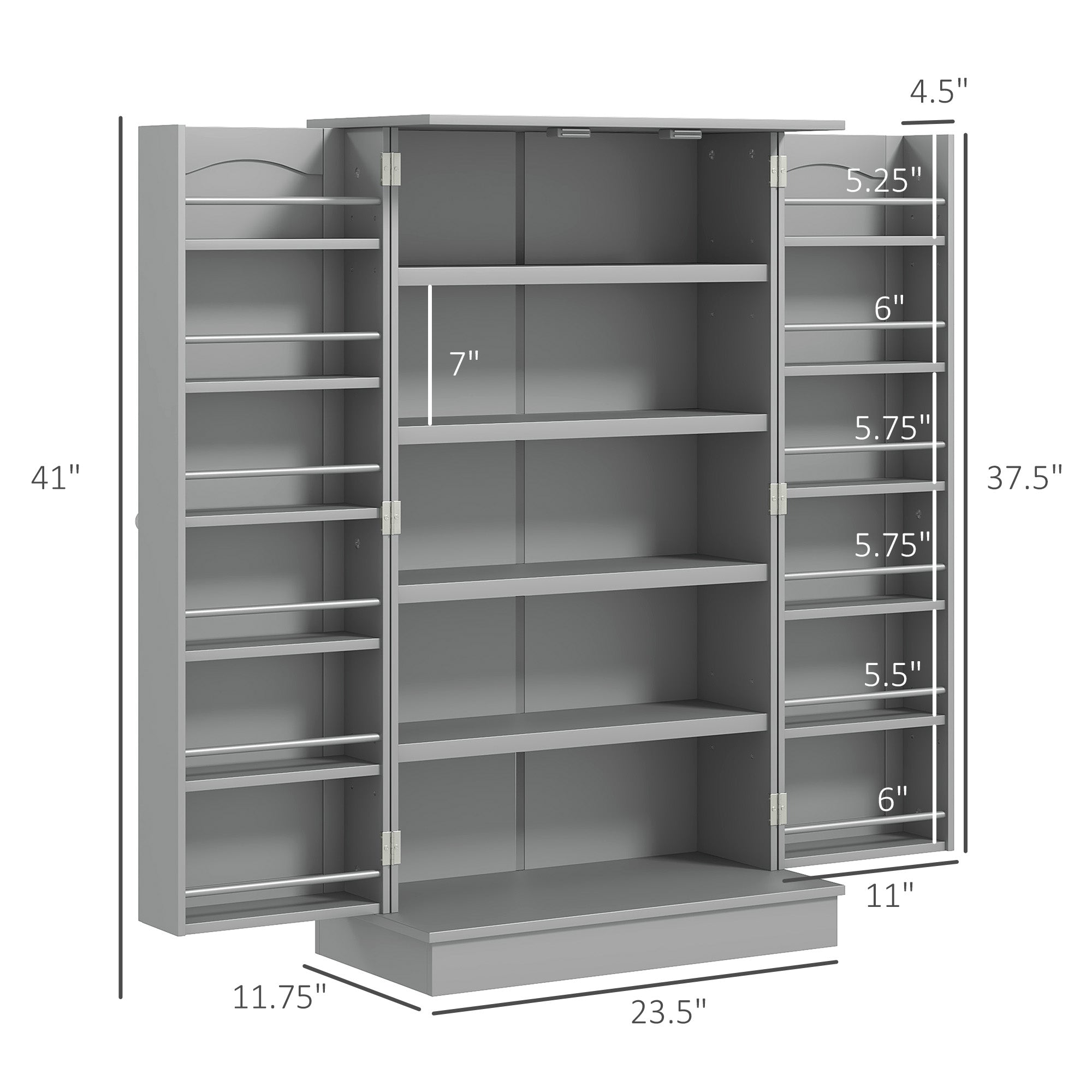 Gray Pantry Cabinet, 5-Tier Adjustable Storage for Kitchen, 12 Door Shelves, Double Doors, Gray