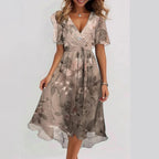 Chiffon Printed Short Sleeve Dress Summer Elegant V-neck Dress Women Clothing