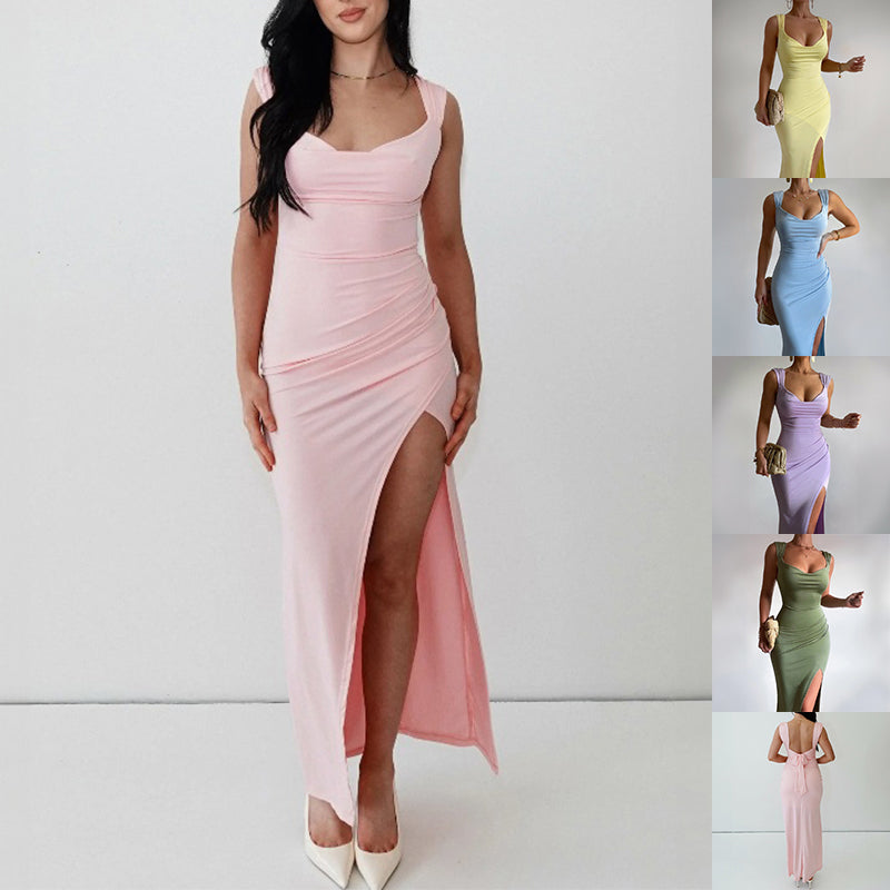 Slim Sleeveless Slit Dress With Back Tie Design Fashion Temperament Dress For Women Clothing