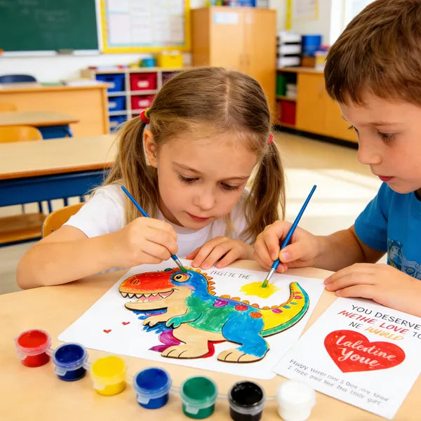 Valentines Day Gifts For Kids - 28 PCS Valentines Cards School With Art Supplies - Dinosaur Wood Painting Craft Kits - For Classroom Kids Boys Girls Gifts Exchanges - Valentines Party Favors