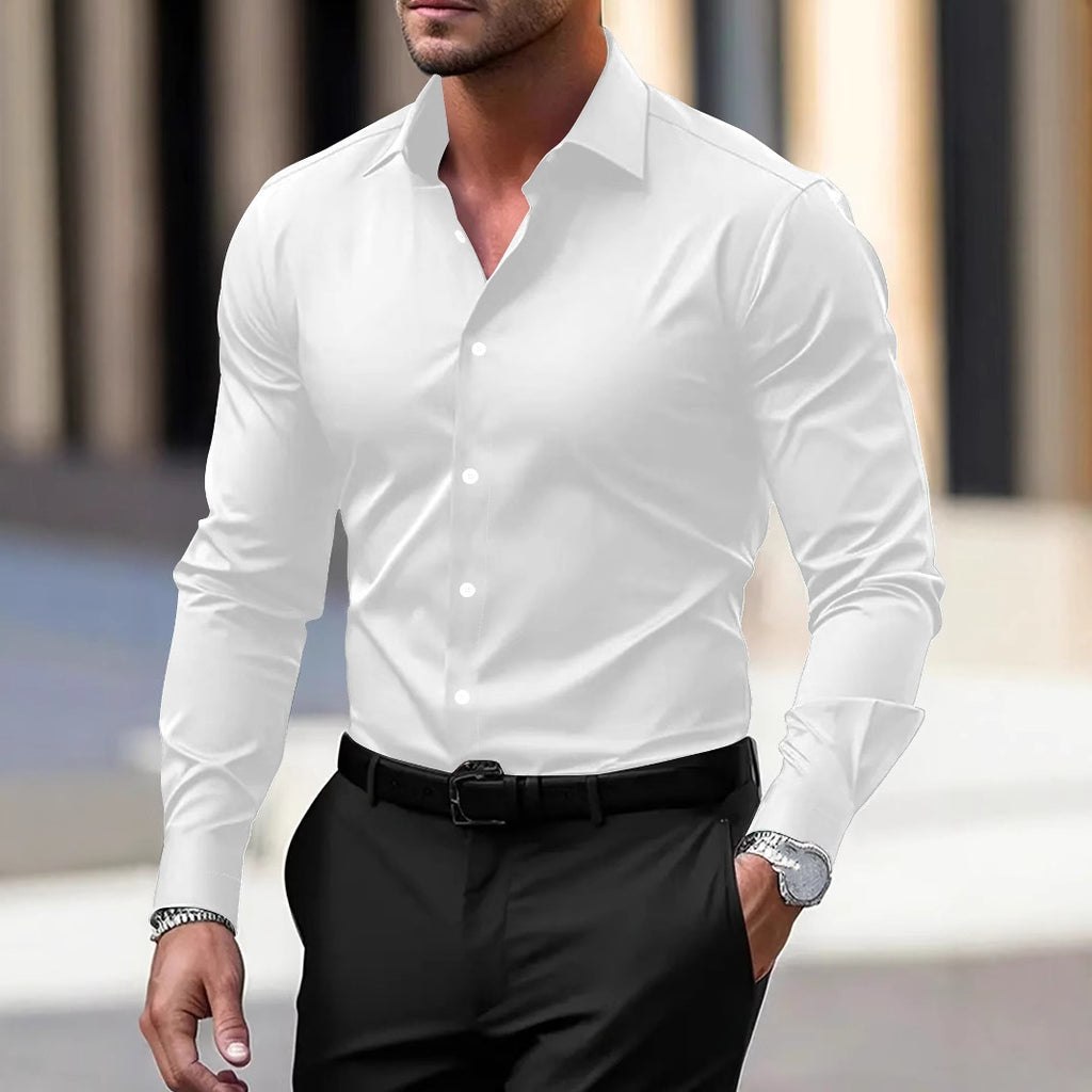 Men's Shirt Business Button Down Shirt Summer Solid Color Long Sleeve Lapel Vacation Shirt