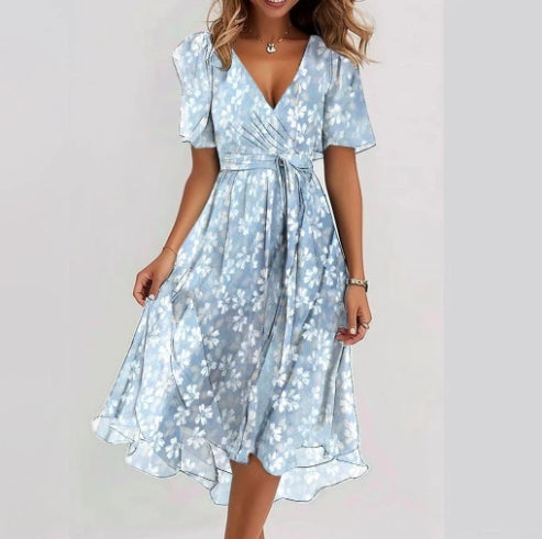 Chiffon Printed Short Sleeve Dress Summer Elegant V-neck Dress Women Clothing