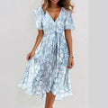 Chiffon Printed Short Sleeve Dress Summer Elegant V-neck Dress Women Clothing