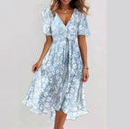 Chiffon Printed Short Sleeve Dress Summer Elegant V-neck Dress Women Clothing