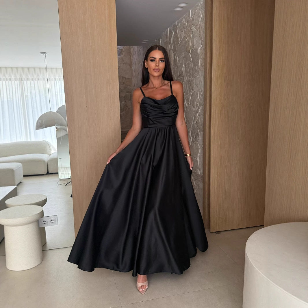Summer Off-shoulder Solid-color Pleated Split Slip Dress