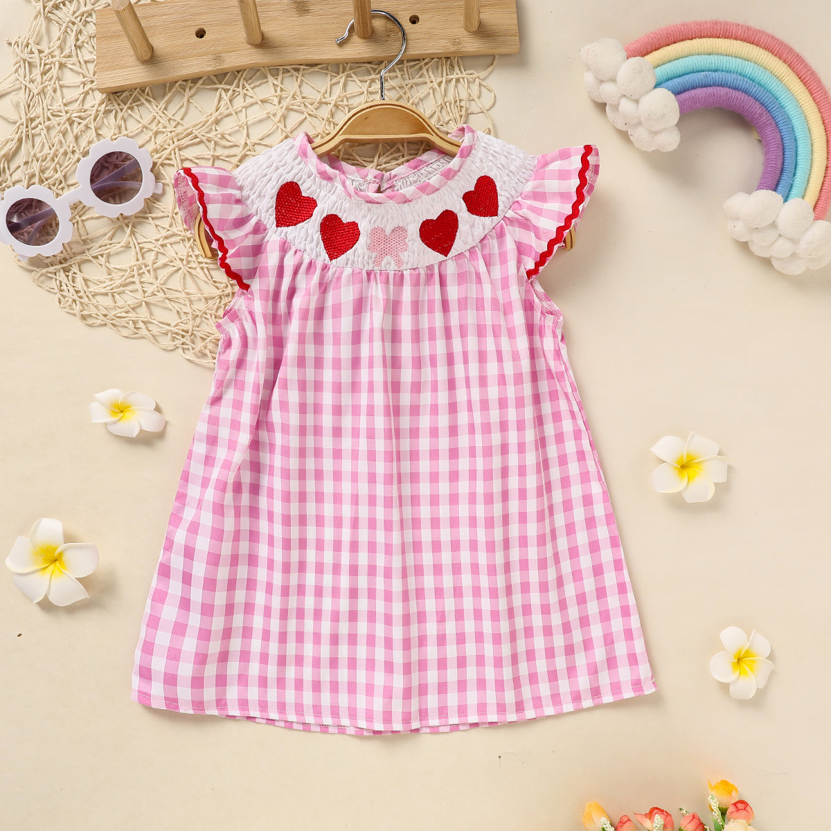 Infant Baby Girls' Valentine's Day Dress Pink Plaid With Heart Embroidery, Smocked Ruffle Sleeves