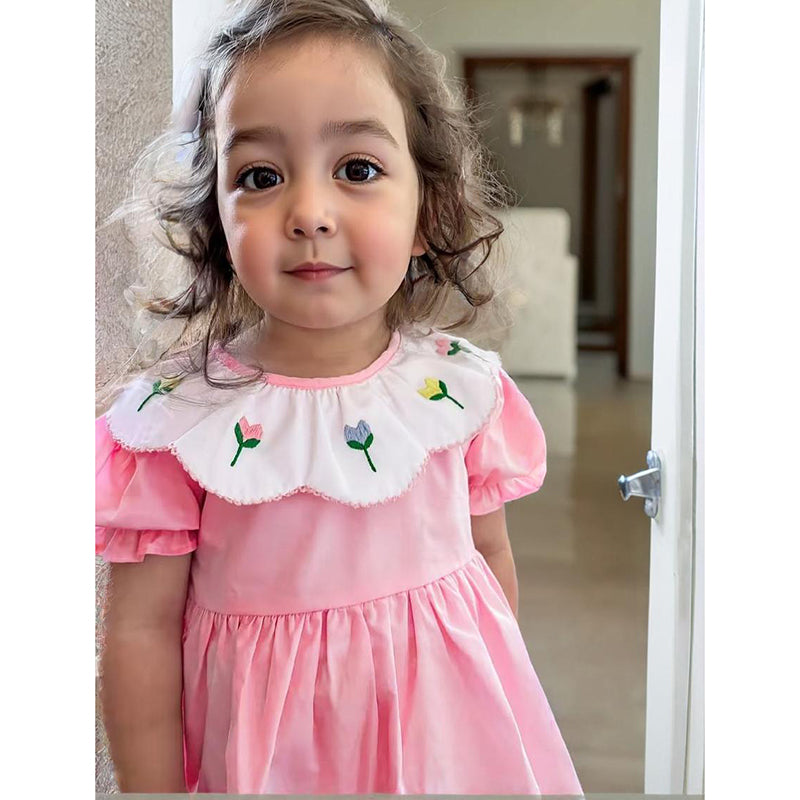Toddler Baby Girl Spring Tulip Smocked Short Sleeve Dress With Lovely Tulip Embroidery Princess Dresses