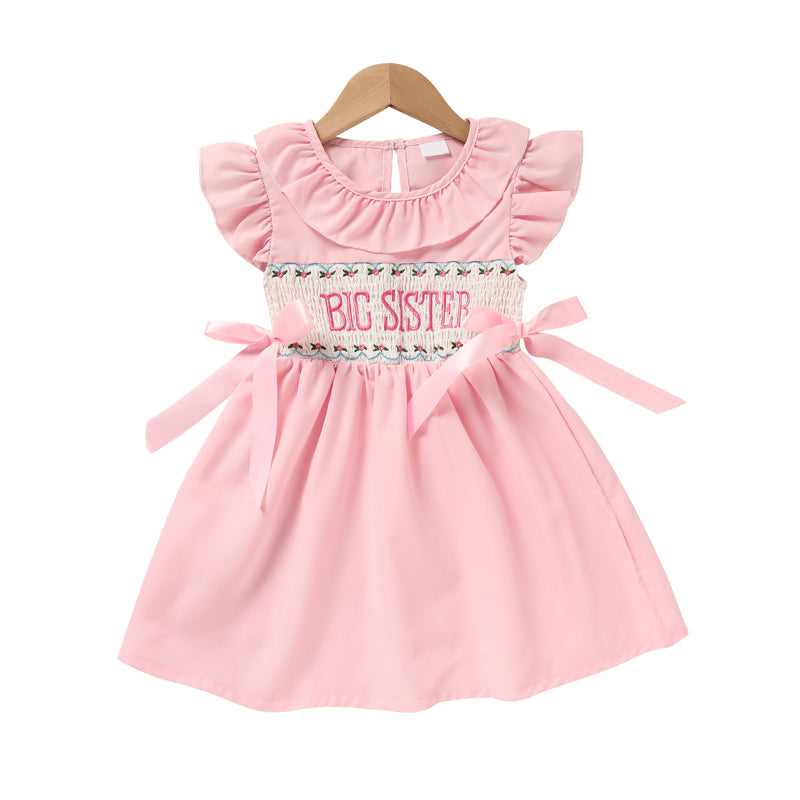 Toddler Girl's Pink Ruffle Sleeve Dress Letter Embroidery & Bow Detail With Back Button Closure
