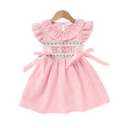 Toddler Girl's Pink Ruffle Sleeve Dress Letter Embroidery & Bow Detail With Back Button Closure