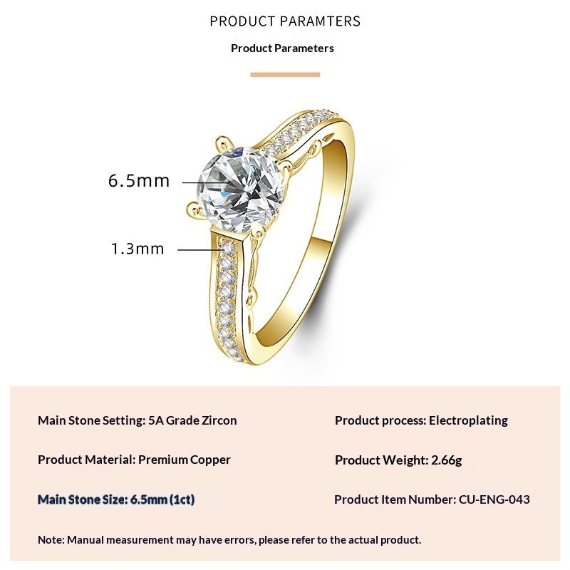 Fashionable, Light-luxury, Versatile, Niche Ring Featuring Faux Moissanite With A Four-prong Zircon Setting And Electroplated Finish