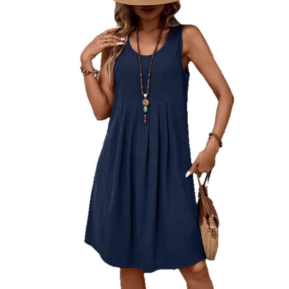 Casual Solid-Colored Cotton And Linen Womens Dress