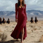 Retro Western Style Button Pleated Long Sleeve Sexy Dress