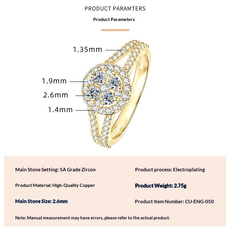 Fashionable, Light-luxury, Versatile, Niche Ring Featuring Faux Moissanite With A Four-prong Zircon Setting And Electroplated Finish