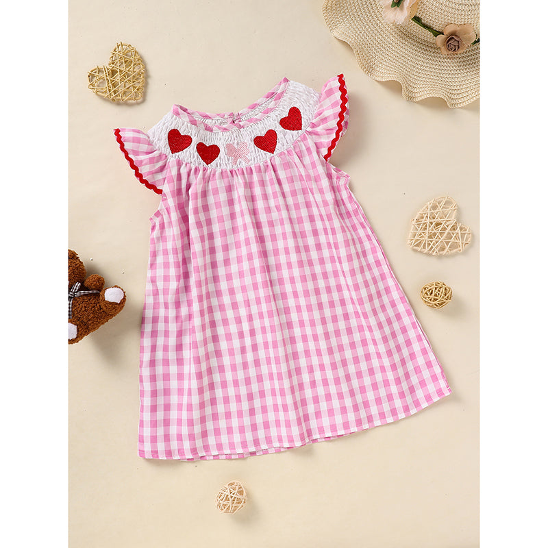 Infant Baby Girls' Valentine's Day Dress Pink Plaid With Heart Embroidery, Smocked Ruffle Sleeves