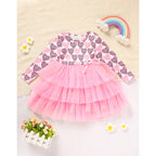 Toddler Girls Outfits Long Sleeve Graphic Heart Print Mesh Tulle Dress Valentine Birthday Party Dresses