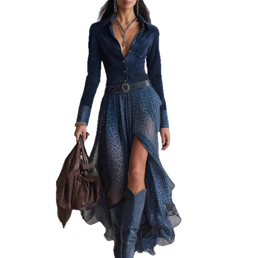 New Fall Winter Fashion Casual Polo-Neck Patchwork Long-Sleeve Dress