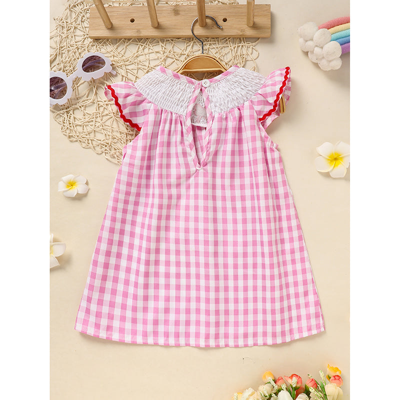 Infant Baby Girls' Valentine's Day Dress Pink Plaid With Heart Embroidery, Smocked Ruffle Sleeves