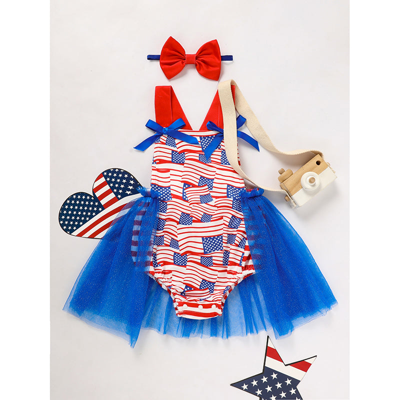 Baby's Independence Day Style Flag Pattern Triangle Bodysuit, Casual Sleeveless Bowknot Romper