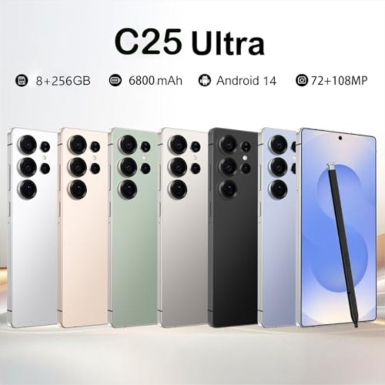 C25 Ultra Unlocked Phone,5G Smartphone 8GB 256GB 7.3-inch Android 14 Cell Phone 6800mAh Large Battery Dual SIM Face GPS