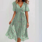 Chiffon Printed Short Sleeve Dress Summer Elegant V-neck Dress Women Clothing