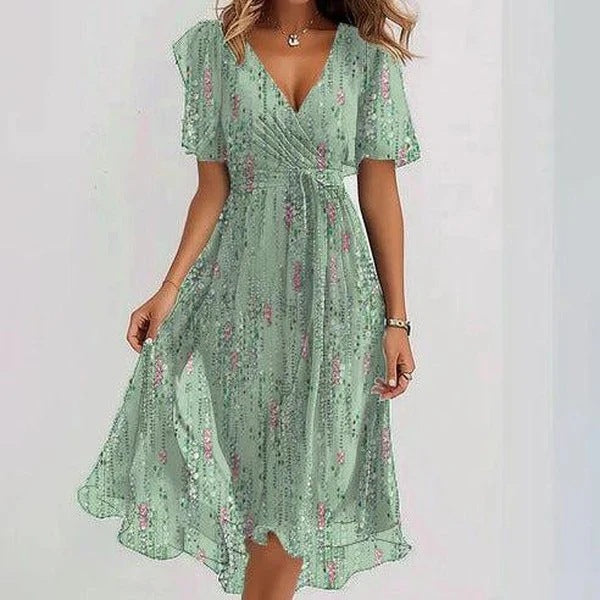 Chiffon Printed Short Sleeve Dress Summer Elegant V-neck Dress Women Clothing