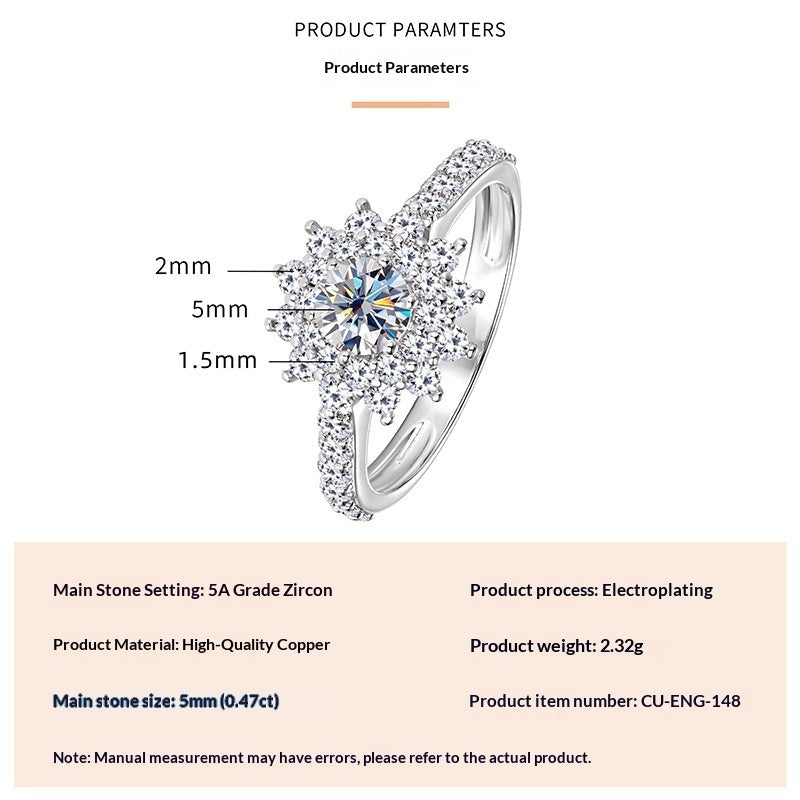 Fashionable, Light-luxury, Versatile, Niche Ring Featuring Faux Moissanite With A Four-prong Zircon Setting And Electroplated Finish
