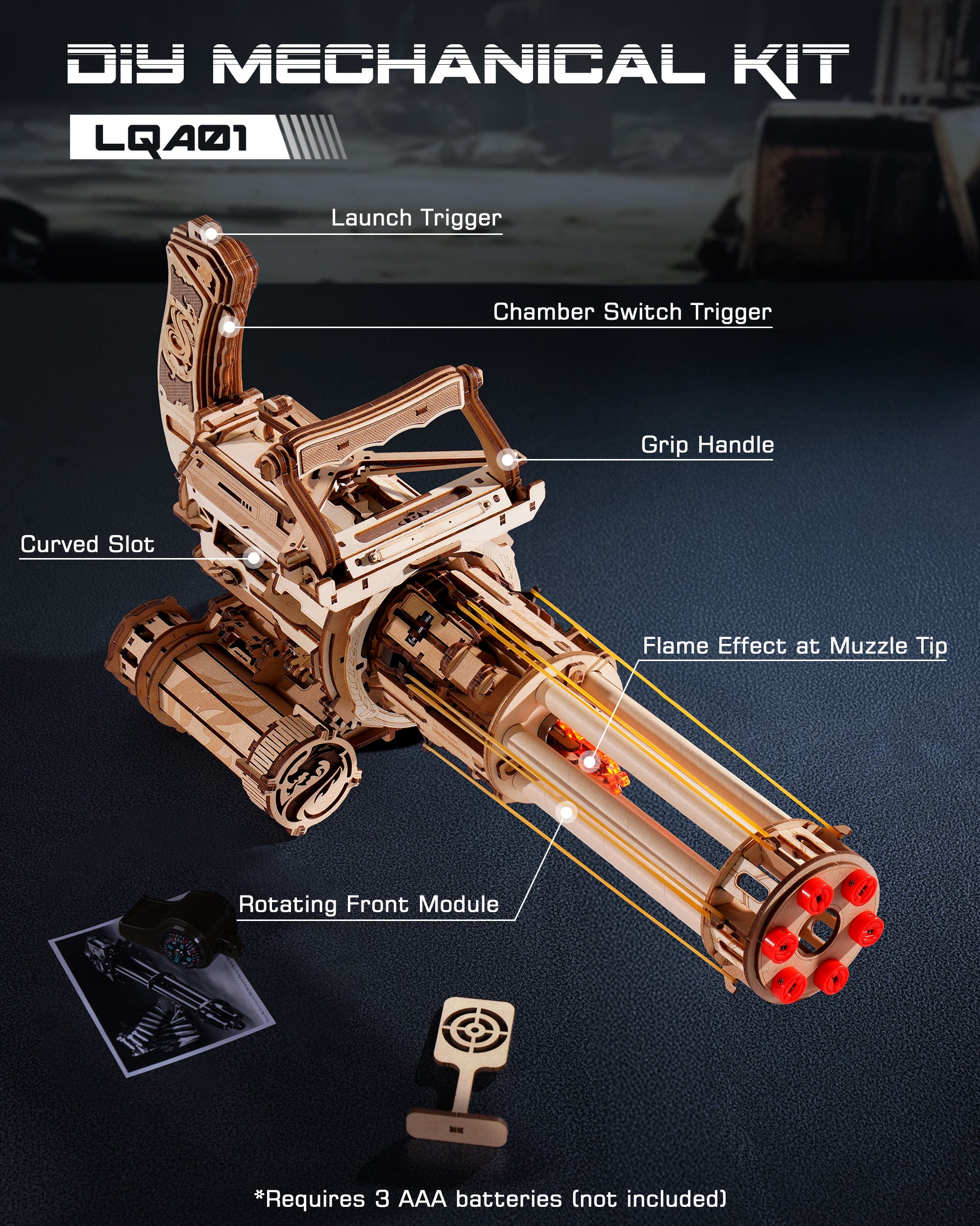 ROKR 3D Puzzle Gatling Gun Model, Adult Wooden 3D Puzzle Rubber Band Gun Toy, Rotating Barrel Machine Gun, Wooden Model Craft Set, Cool Hobby Birthday Gift, Suitable For Males And Teenagers 14 And Up