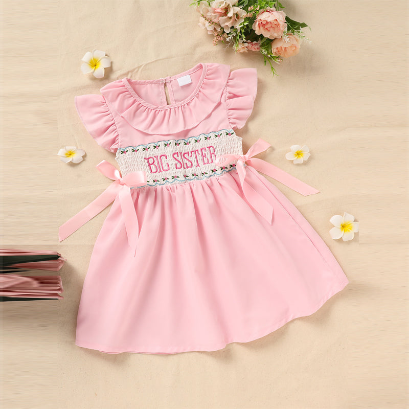 Toddler Girl's Pink Ruffle Sleeve Dress Letter Embroidery & Bow Detail With Back Button Closure