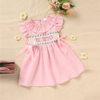 Toddler Girl's Pink Ruffle Sleeve Dress Letter Embroidery & Bow Detail With Back Button Closure