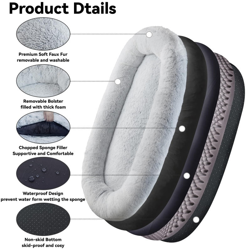 Human Dog Bed, 63''x31.4''x9.5'' Size Fits You And Pets, Washable Faux Fur Dog Bed For People Doze Off, Napping Orthopedic Dog Bed, Present Plump Pillow, Blanket, Strap - Grey