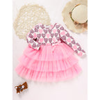 Toddler Girls Outfits Long Sleeve Graphic Heart Print Mesh Tulle Dress Valentine Birthday Party Dresses
